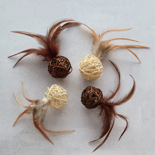 Rattan ball cat toys: hand-woven wicker balls with feathers in beige and brown
