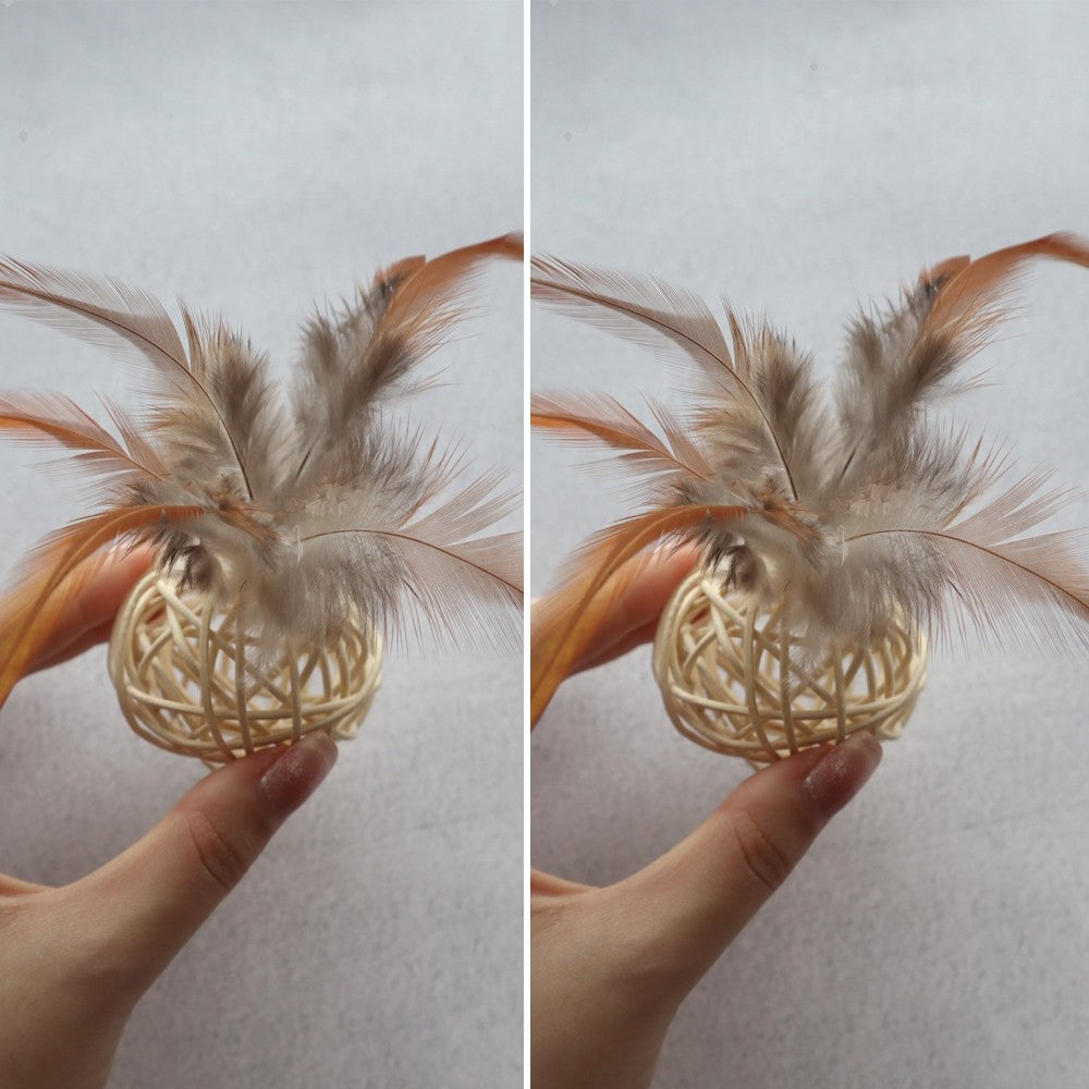 Two beige rattan balls with feathers