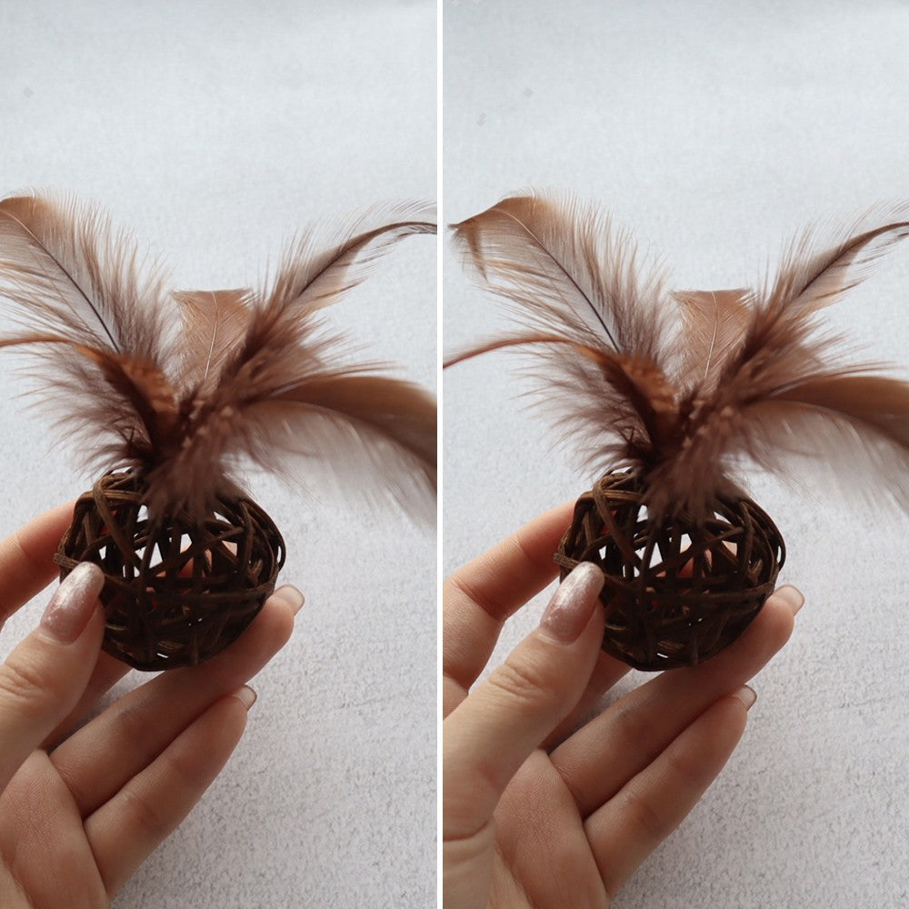 Two brown rattan balls with feathers