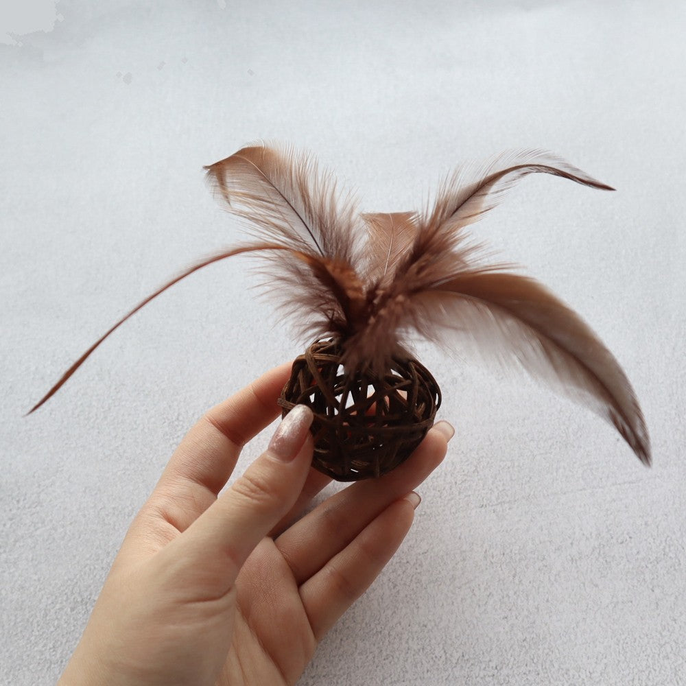 Brown rattan ball with long feathers held in a hand