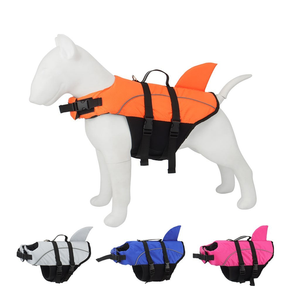 Orange reflective shark dog life jacket on a dog mannequin with gray, blue and pink options