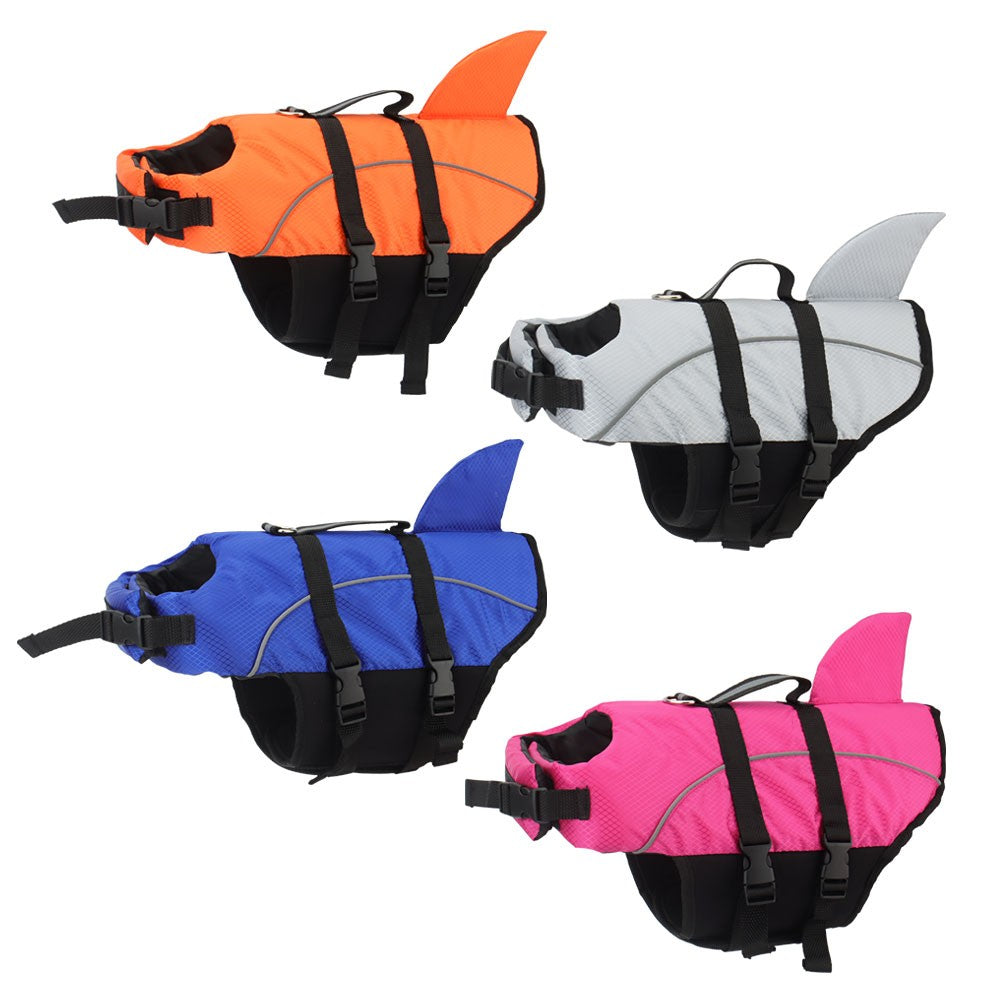Reflective dog life jacket with shark fin in orange, gray, blue and pink