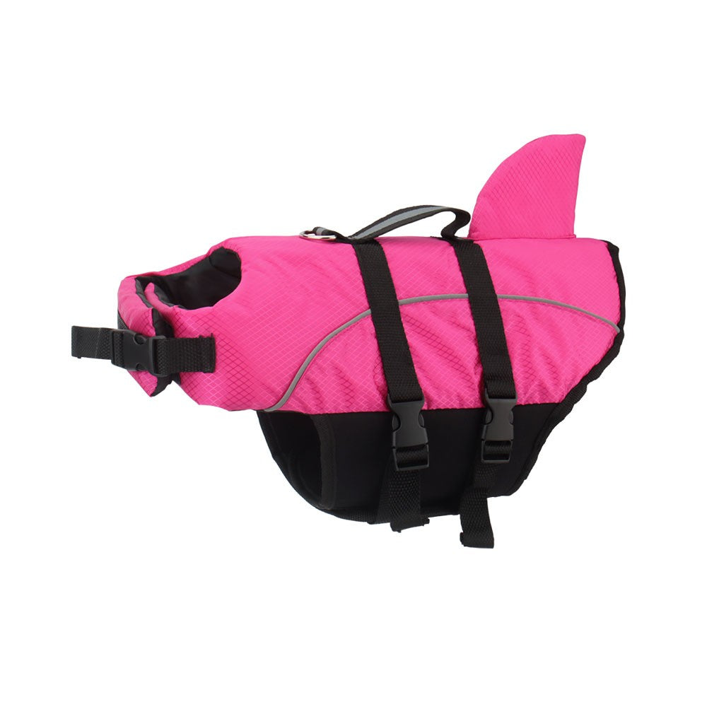 Pink reflective dog life jacket with a shark fin