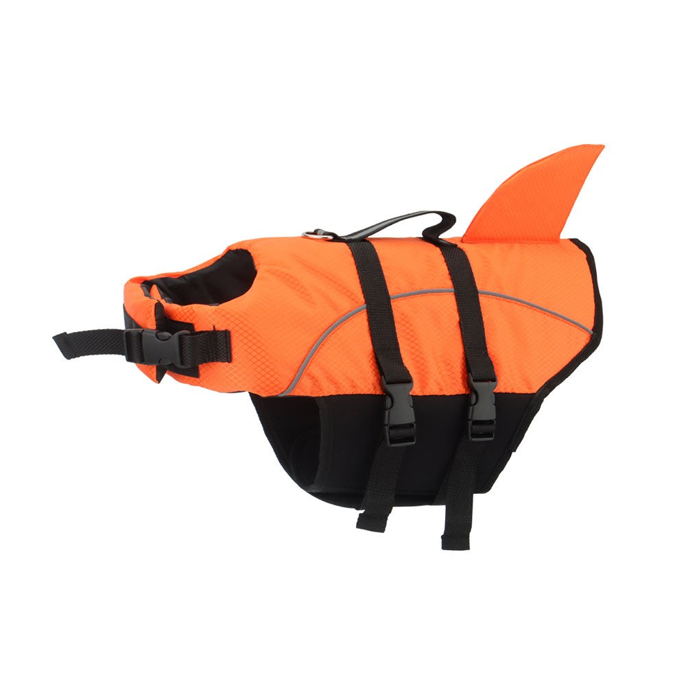 Orange reflective dog life jacket with a shark fin