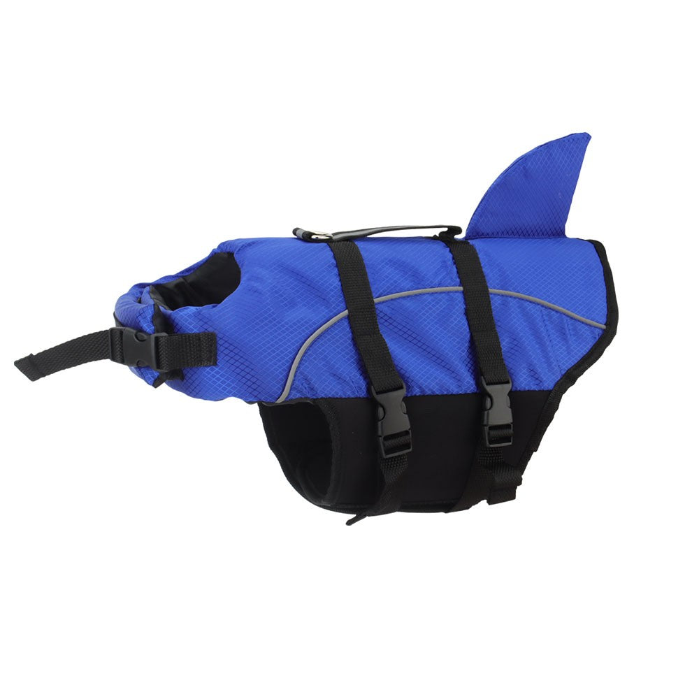 Blue reflective dog life jacket with a shark fin