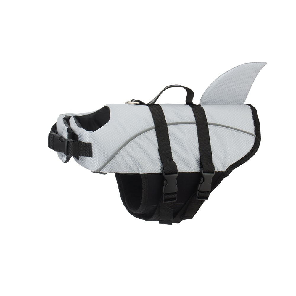 Gray reflective dog life jacket with a shark fin