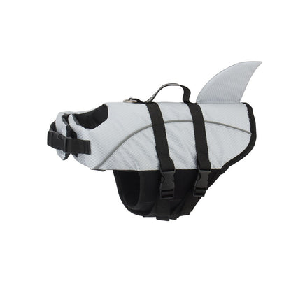 Gray reflective dog life jacket with a shark fin