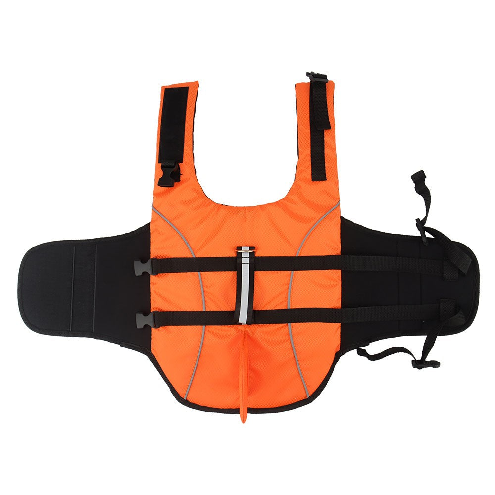 Orange reflective dog life jacket laid flat with reflective piping