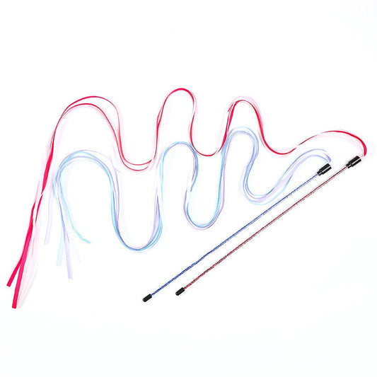 Ribbon cat toy wands in red and blue with long wavy ribbons