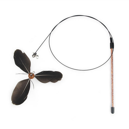 Rotating feather cat toy with a gray feather head on a steel wire wand