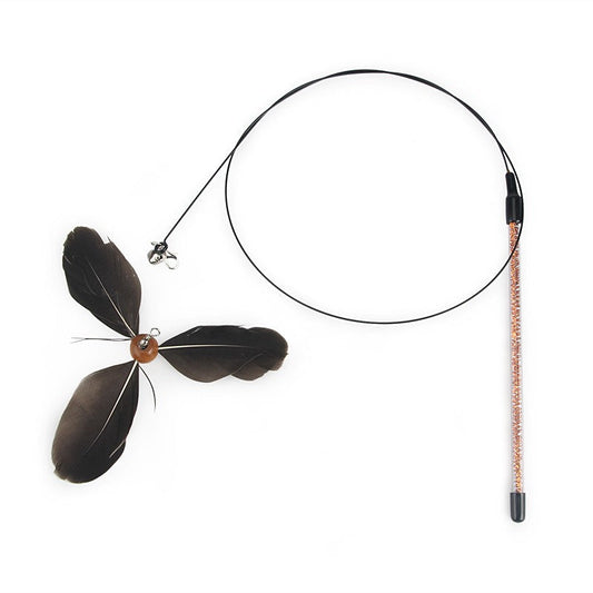 Rotating feather cat toy with a gray feather head on a steel wire wand