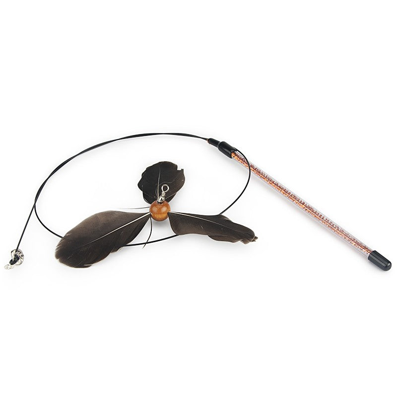Rotating feather cat toy wand with looped wire and pink glitter handle