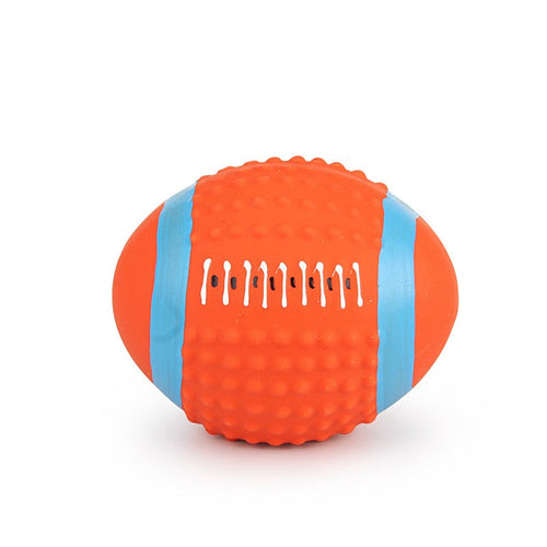 Orange latex rugby dog ball with blue stripes