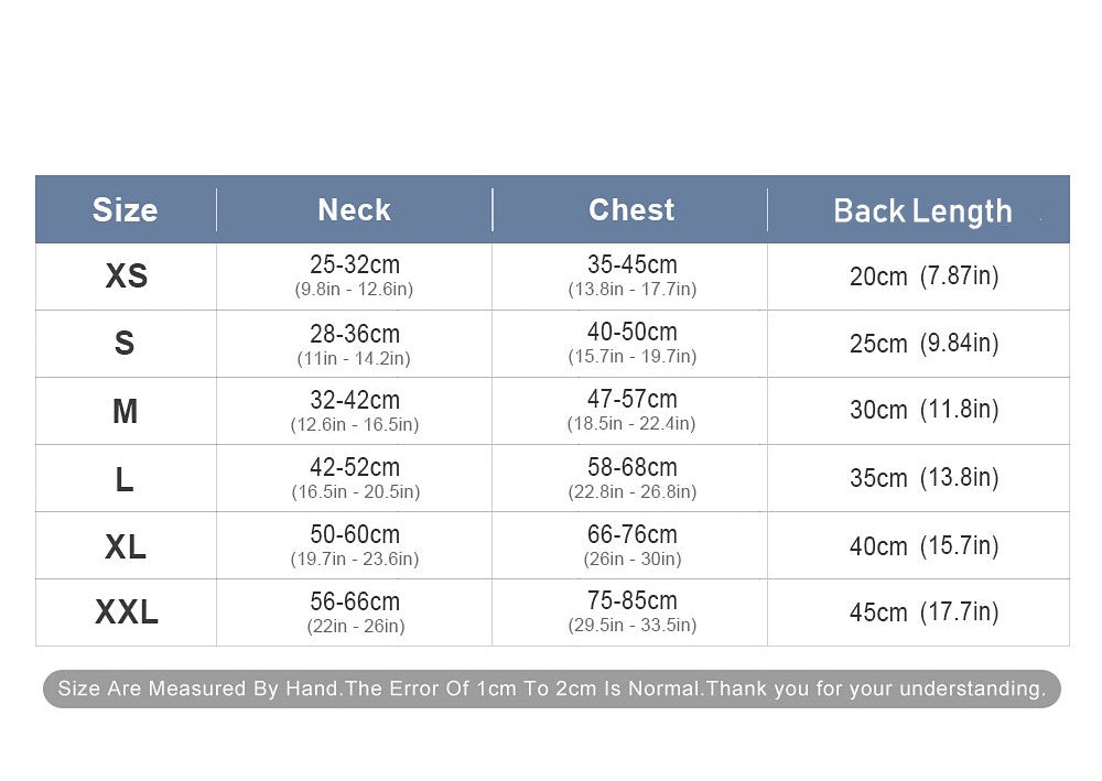 Shark dog life jacket size chart with neck, chest and back length