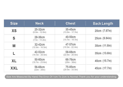 Shark dog life jacket size chart with neck, chest and back length