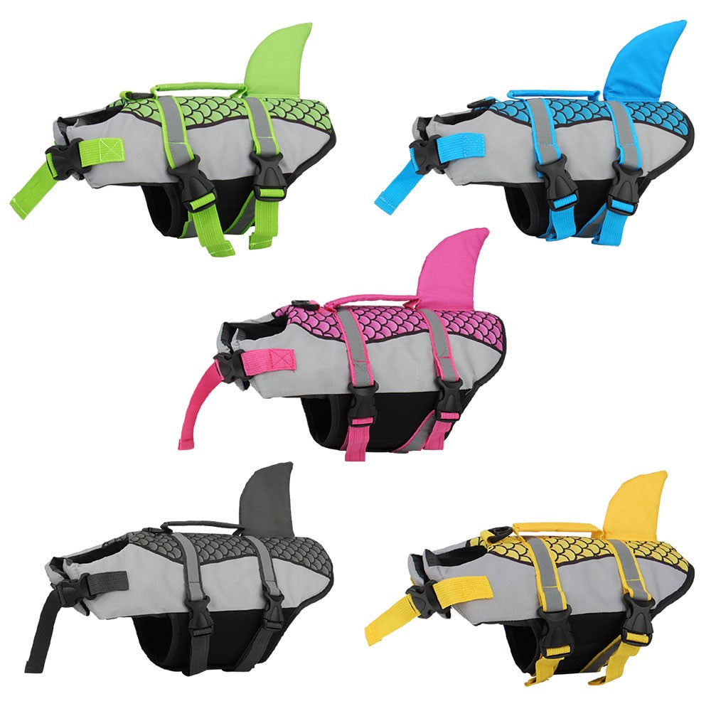 Shark dog life jacket in blue, green, pink, yellow and gray with mermaid scale print
