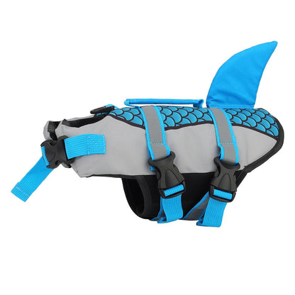 Blue shark dog life jacket with a gray scale-print body