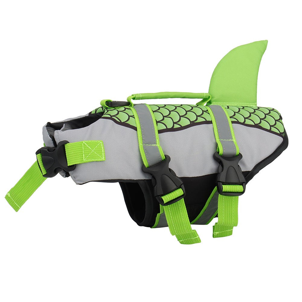 Green shark dog life jacket with a gray scale-print body