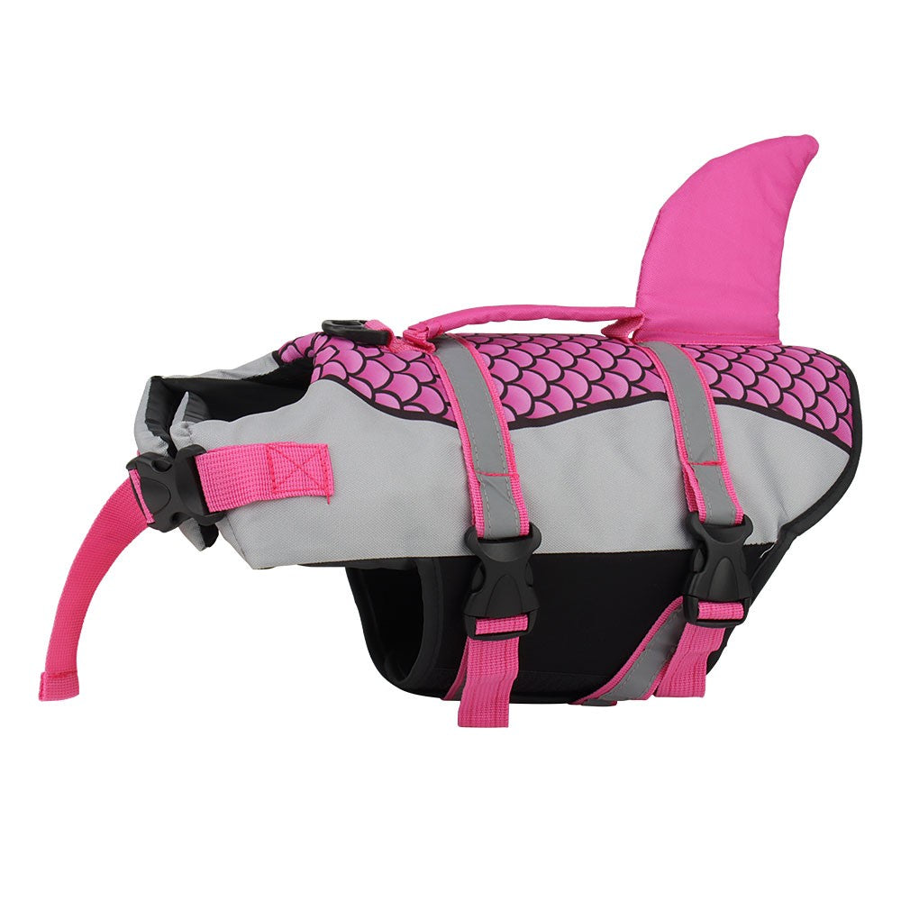 Pink shark dog life jacket with a gray scale-print body