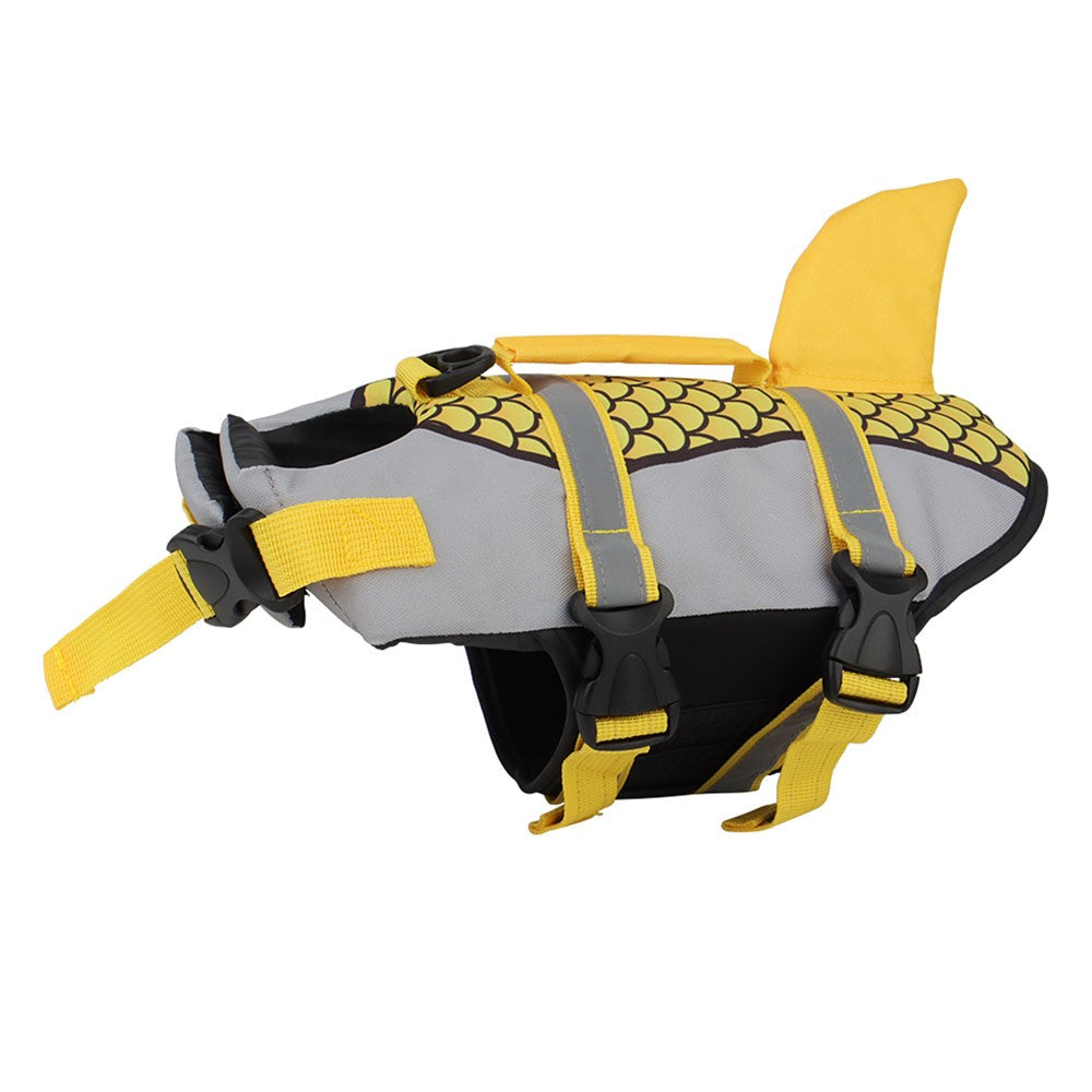 Yellow shark dog life jacket with a gray scale-print body