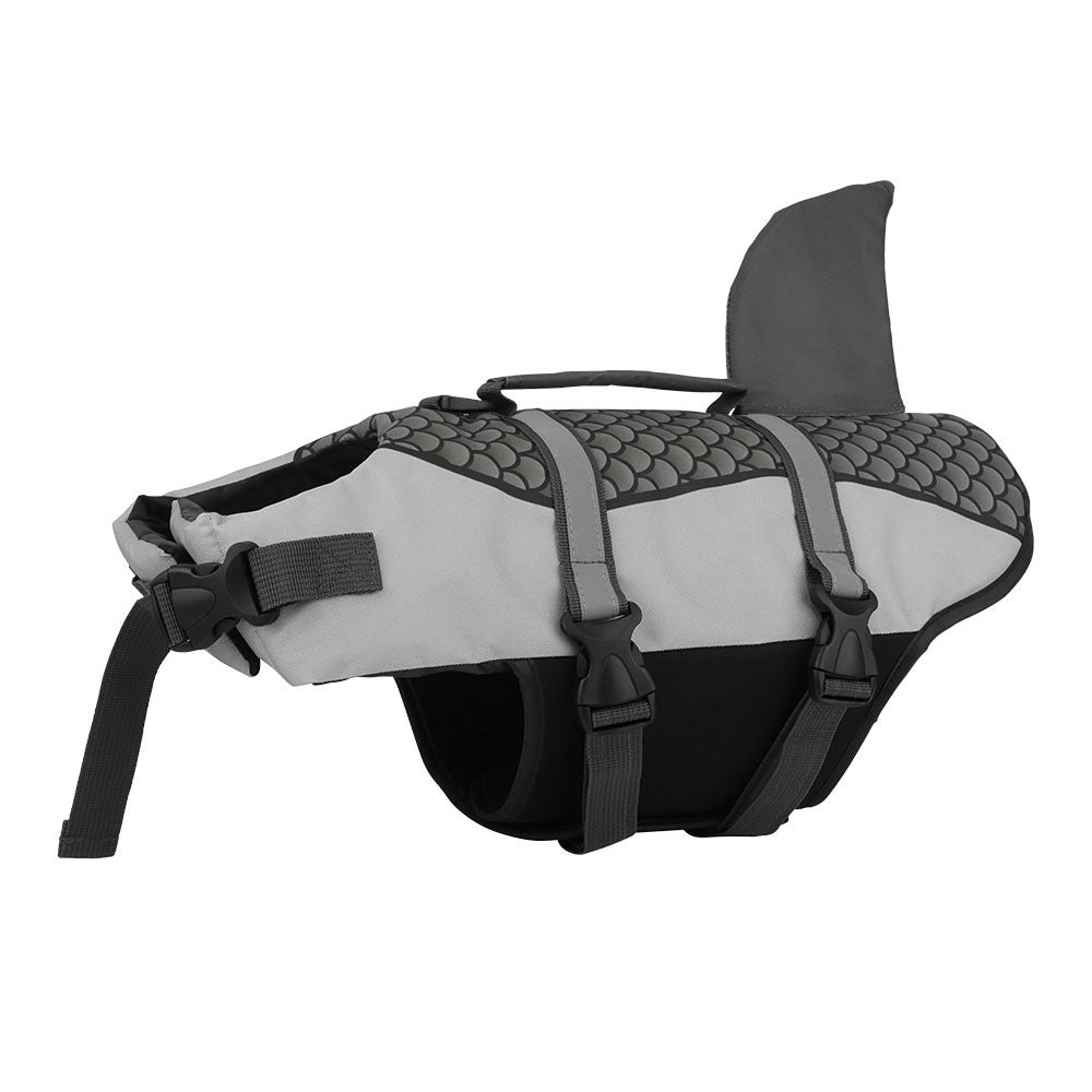 Gray shark dog life jacket with a dark gray fin