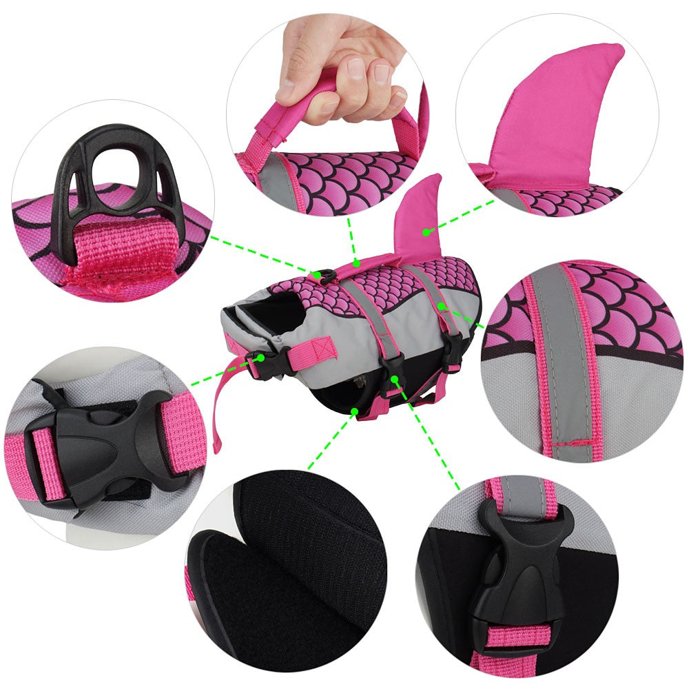 Close-up of the top grab handle, quick-release buckles and D-ring on the shark life jacket