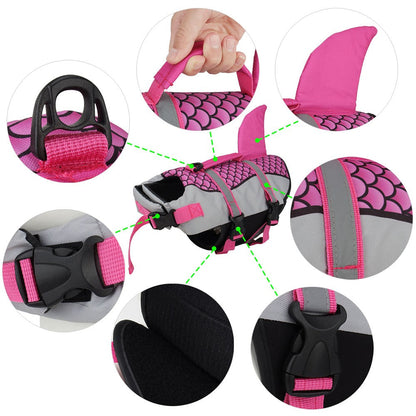 Close-up of the top grab handle, quick-release buckles and D-ring on the shark life jacket