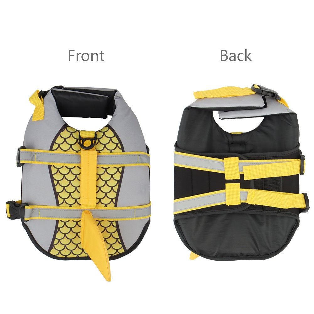 Front and back of the shark dog swim vest showing the chin float and belly panel