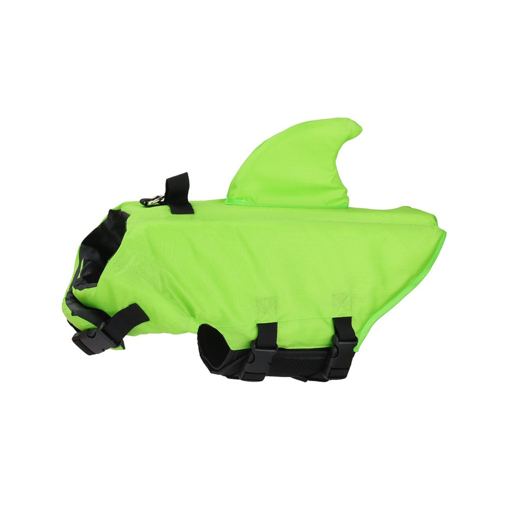 Green shark dog life vest with black straps
