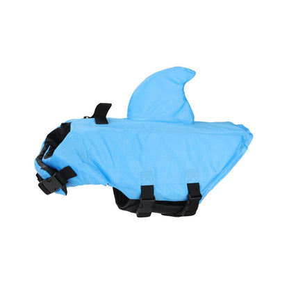 Blue shark dog life vest with black straps