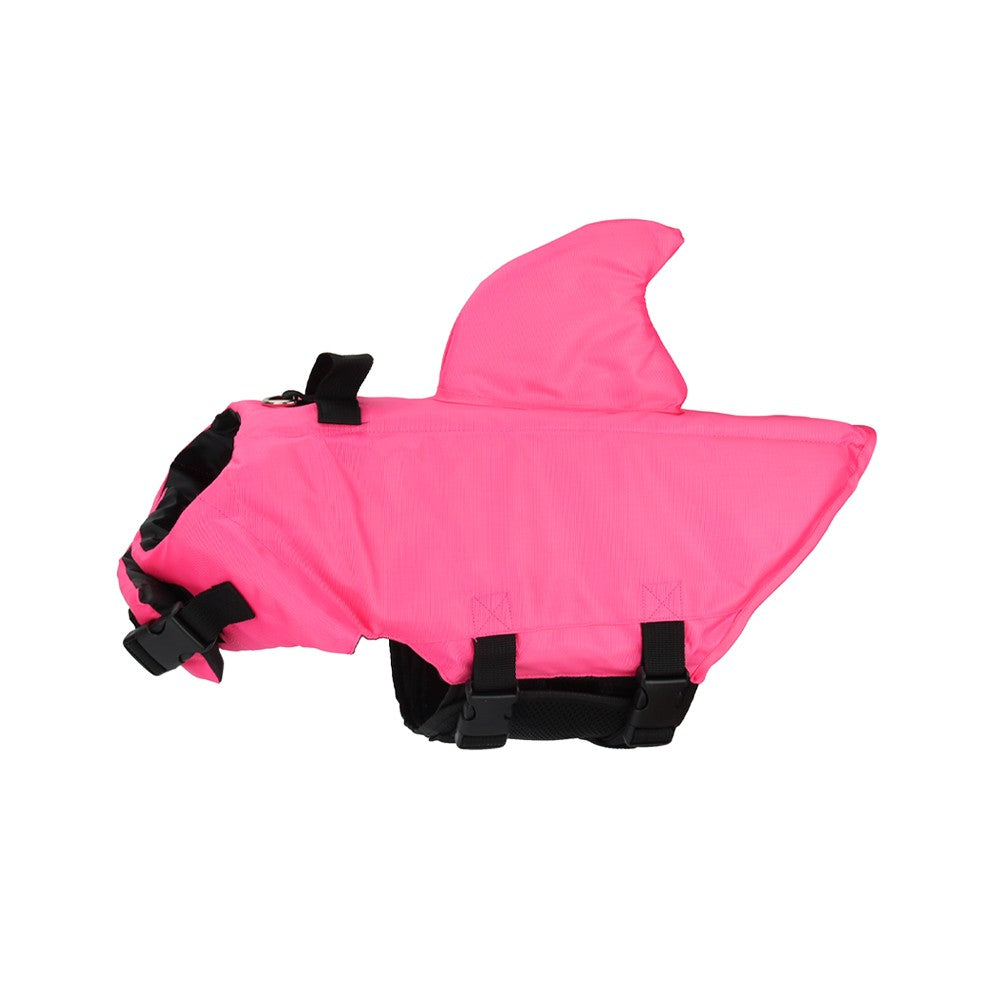 Pink shark dog life vest with black straps
