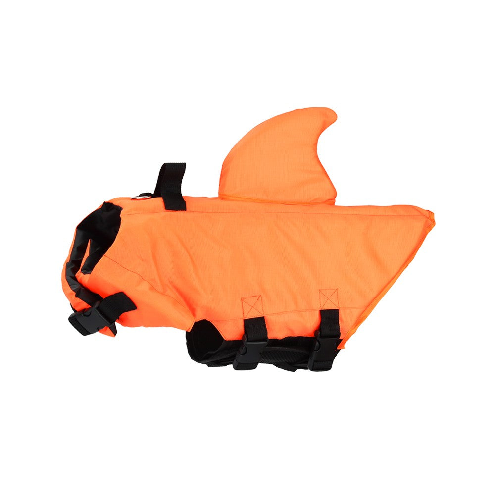 Orange shark dog life vest with black straps