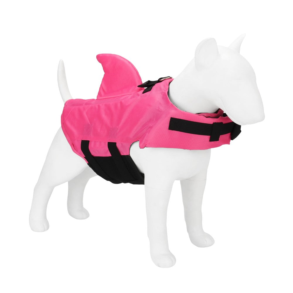 Pink shark life vest fitted on a dog mannequin