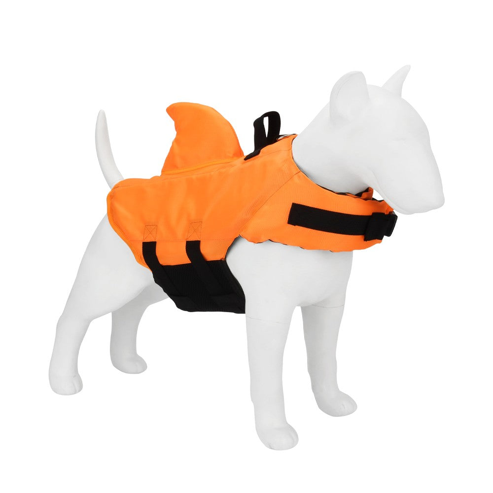 Orange shark life vest fitted on a dog mannequin