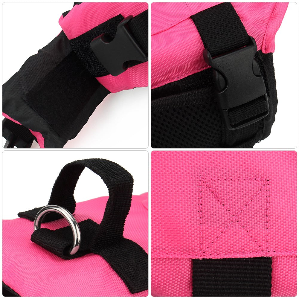 Close-up of the buckle, top handle and D-ring on the shark life vest