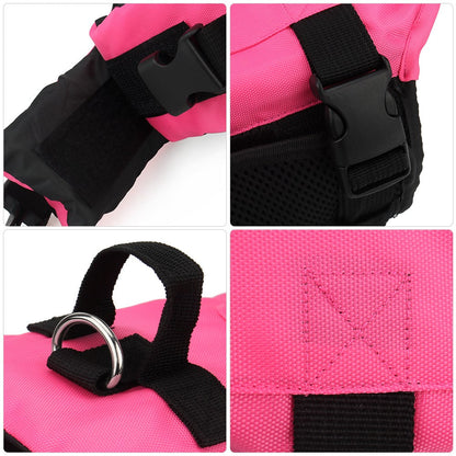Close-up of the buckle, top handle and D-ring on the shark life vest