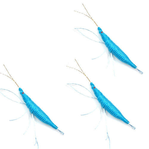 Three blue wool shrimp cat toys with long feelers