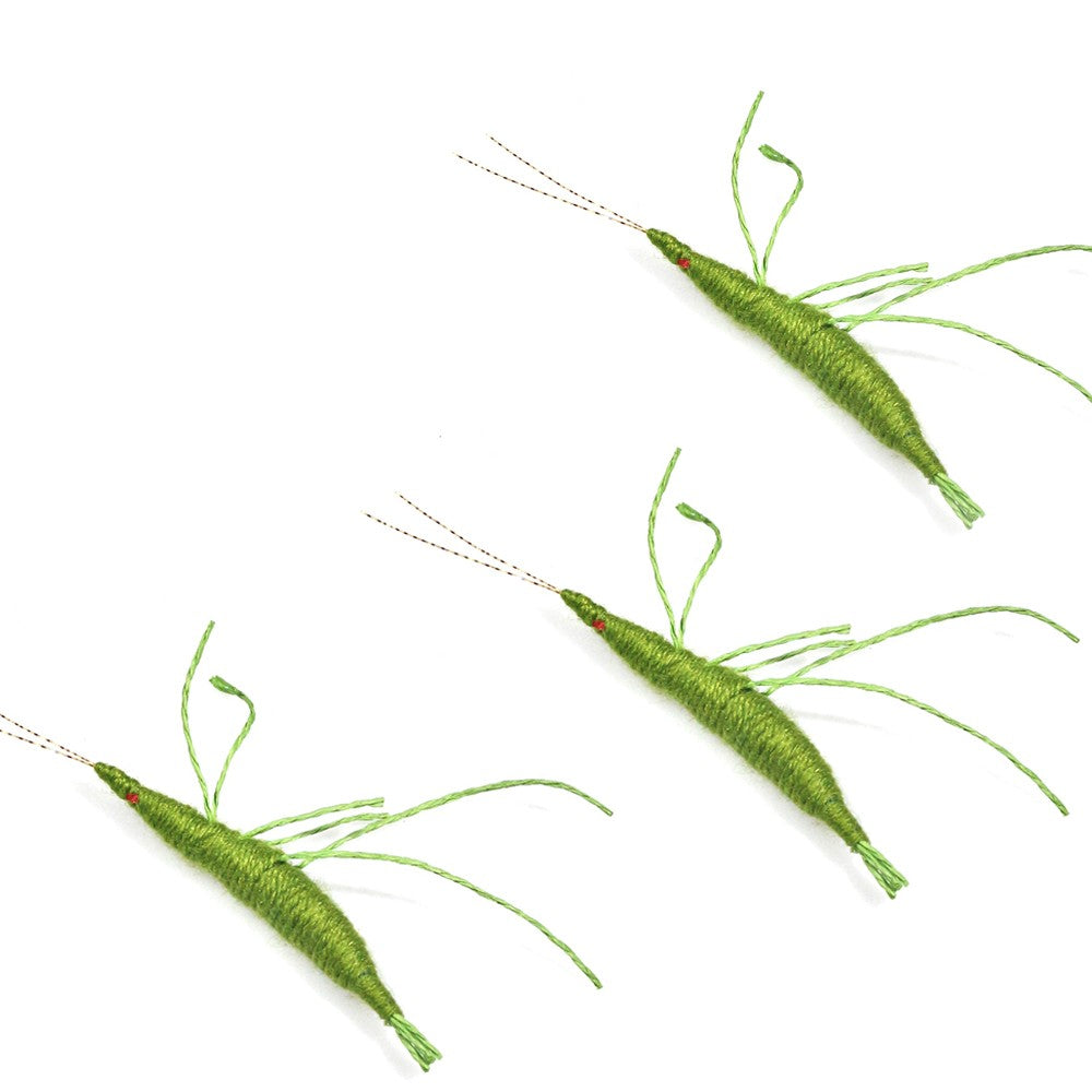 Three green wool shrimp cat toys with long feelers