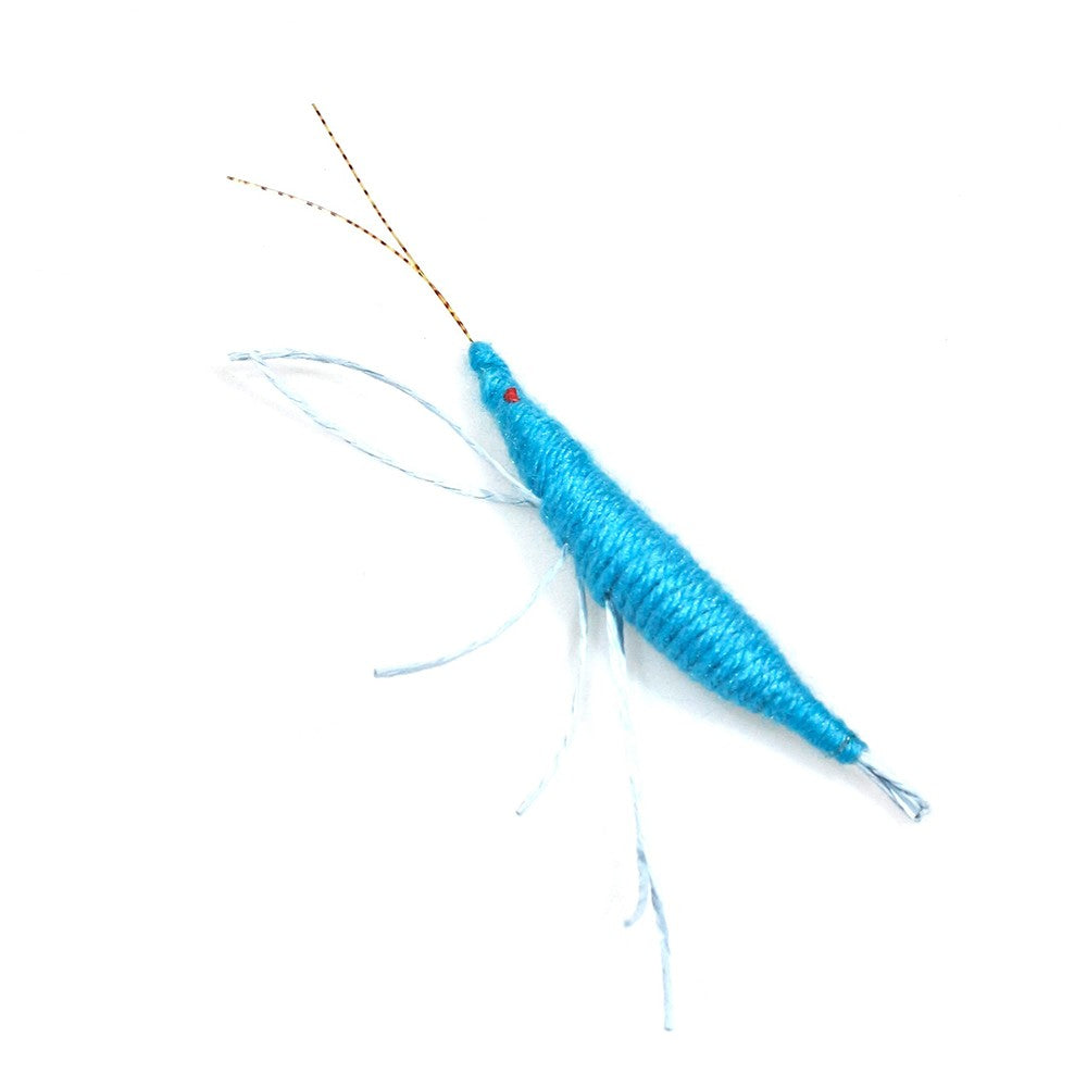 Close-up of the blue wool shrimp cat toy and its feelers