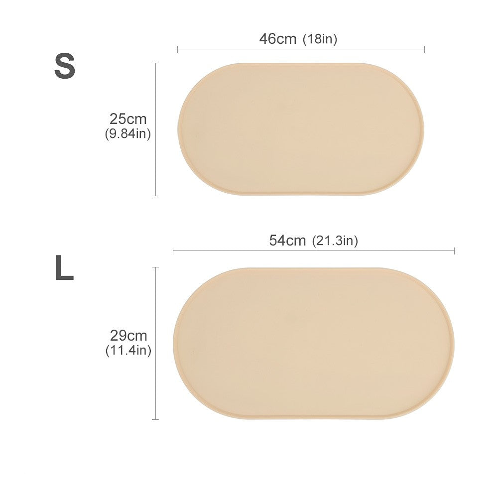 Silicone bowl mat sizes: small 46 by 25 cm and large 54 by 29 cm