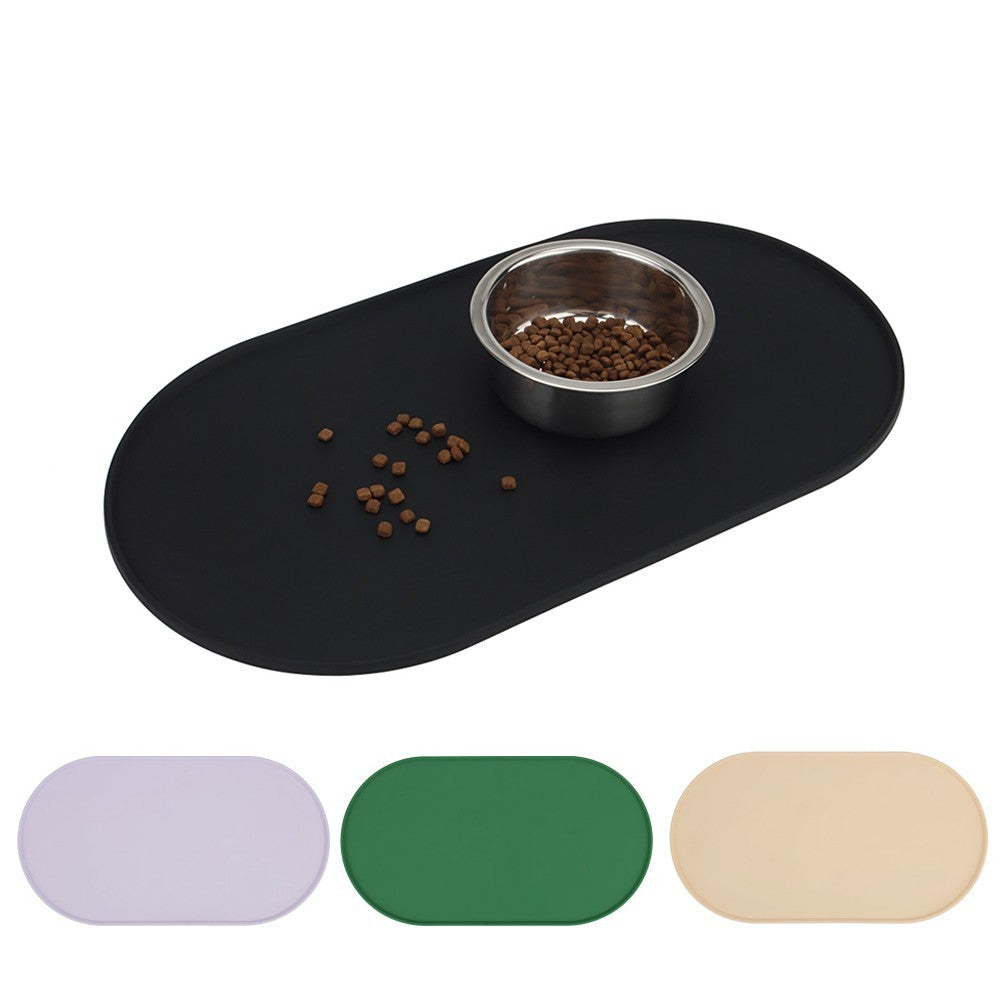 Black silicone dog bowl mat with a stainless bowl, plus purple, green and beige colours