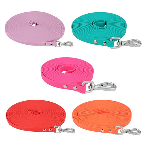 Slim waterproof dog leashes coiled in five bright colours