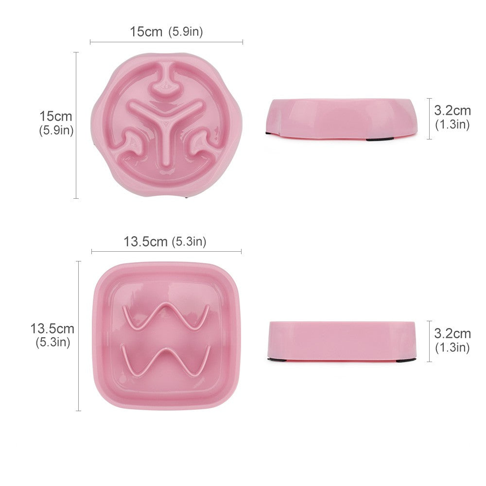Slow feeder dog bowl size chart: round 15 cm and square 13.5 cm, both 3.2 cm deep