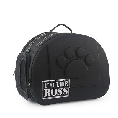 Size M small dog carrier in black with I am the boss print