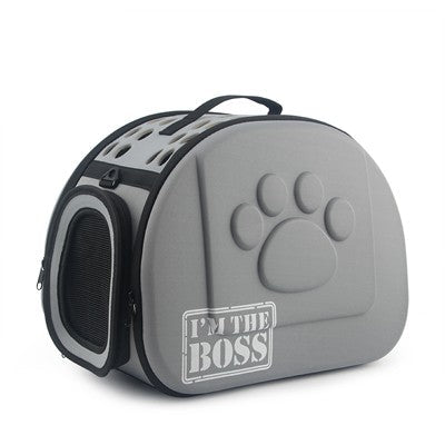 Size M small dog carrier in gray with I am the boss print
