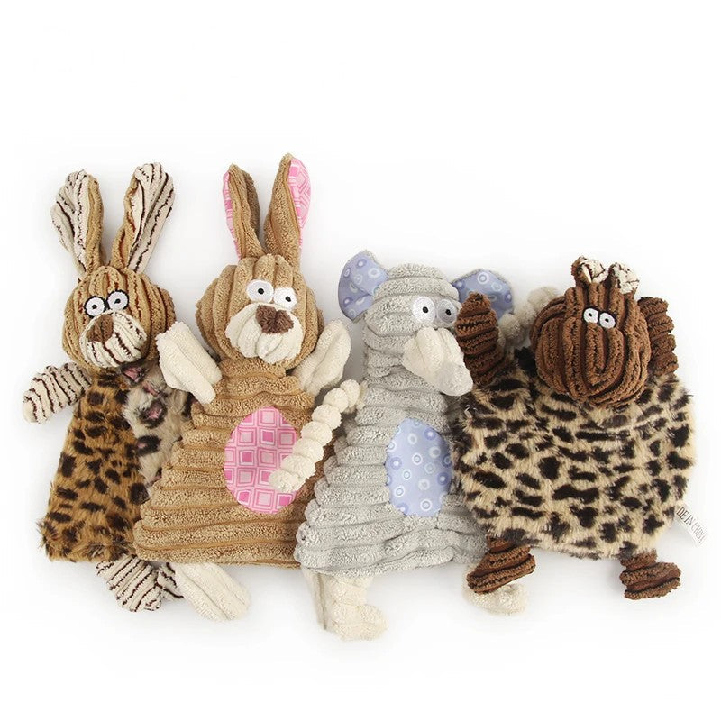 Four corduroy small dog toys: two rabbits, a mouse and a leopard cow