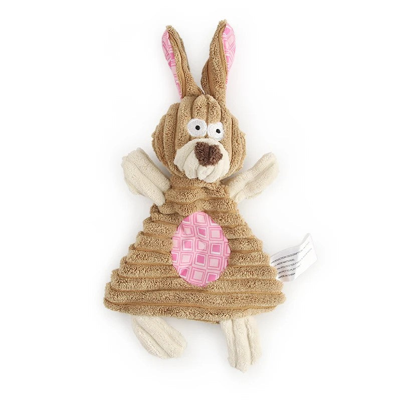 Tan bunny dog toy with pink tummy and long ears