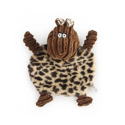 Leopard print cow squeaky toy with brown corduroy head