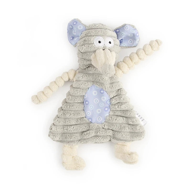 Grey mouse small dog toy with blue ears and rope arm