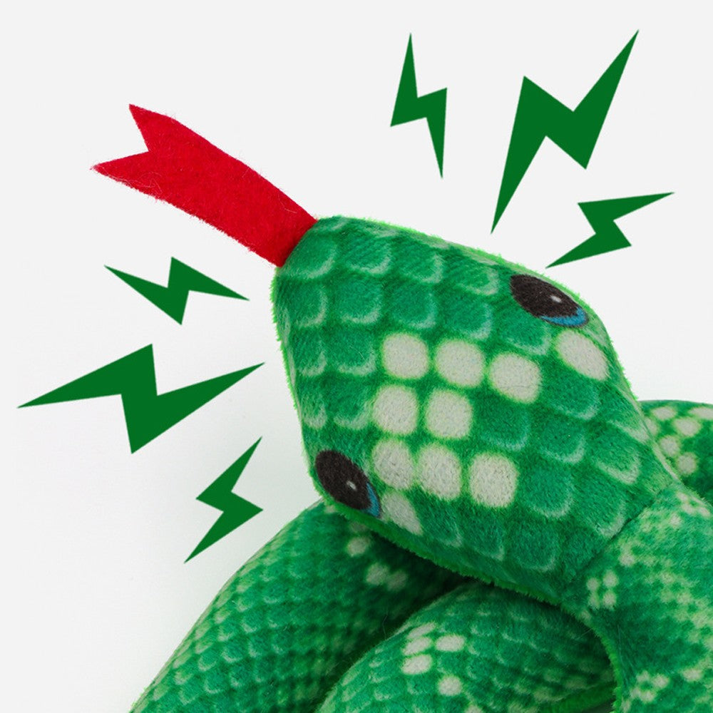 Close-up of the green snake head with a felt tongue